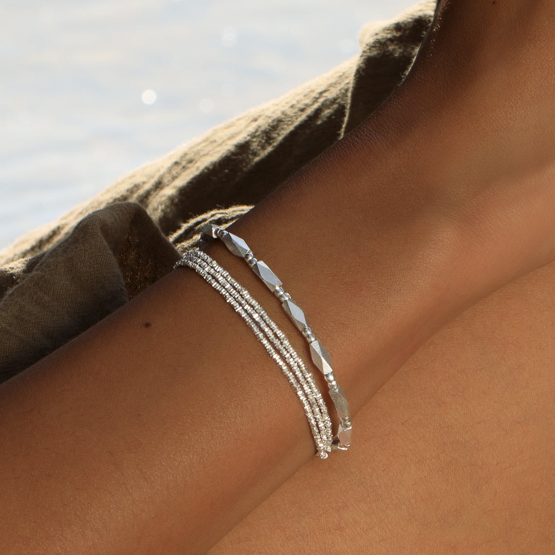 bracelet souple artisanal avec 3 rangs de petites perles faites à la main en argent massif - Bracelet souple argent N°13 - Itsara Bijoux