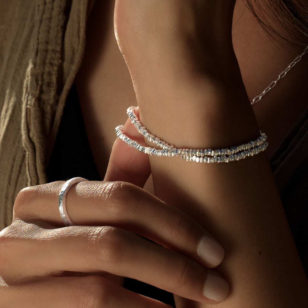 bracelet souple avec perles artisanales en argent massif N°14 - Itsara Bijoux