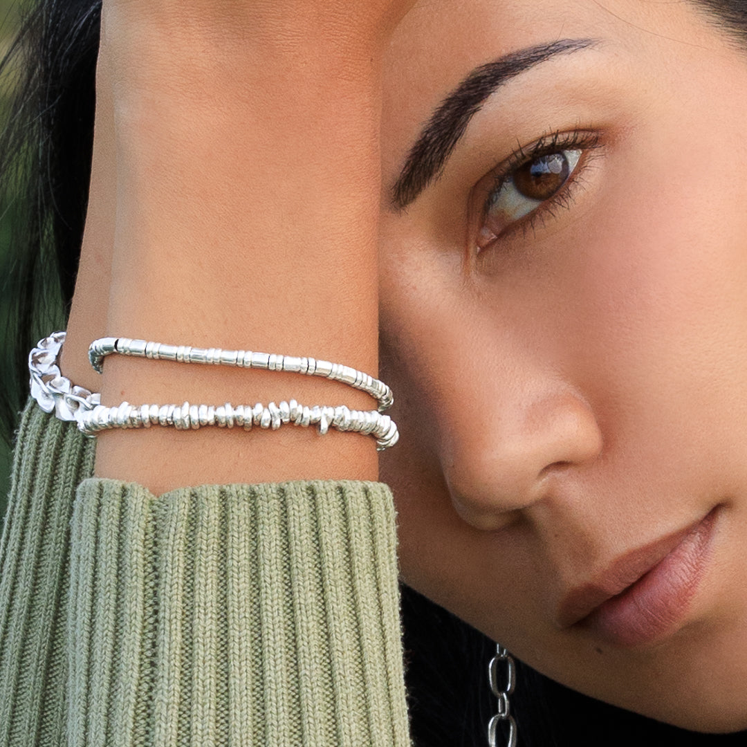 Bracelet souple en argent massif N°10 new - bracelet fin avec petites perles artisanales en argent - Itsara Bijoux