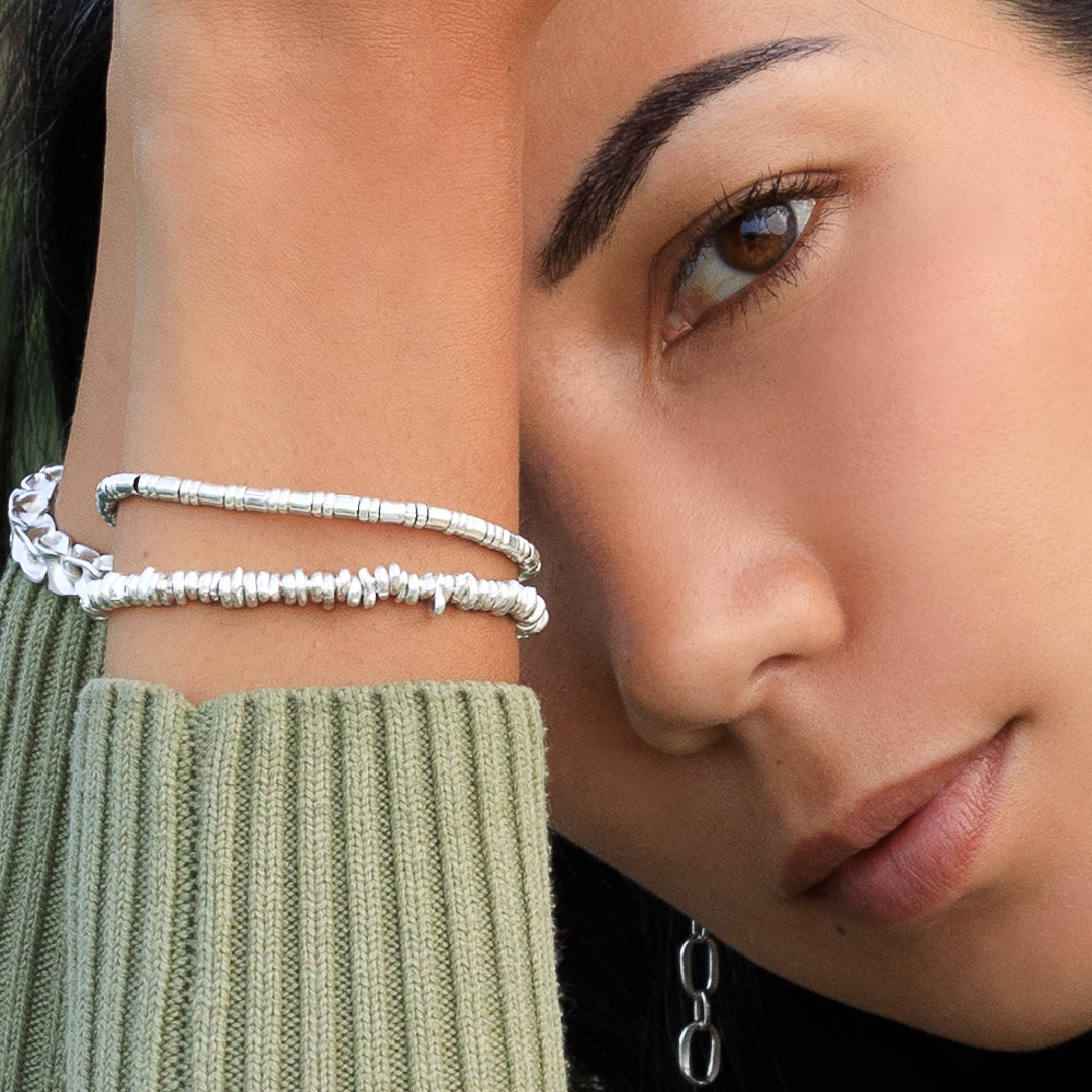 bracelet souple en argent massif N°18 - bracelet avec perles en argent artisanales - Itsara Bijoux