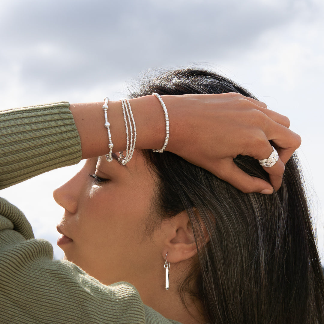 bracelet souple artisanal avec 3 rangs de petites perles faites à la main en argent massif - Bracelet souple argent N°13 - Itsara Bijoux