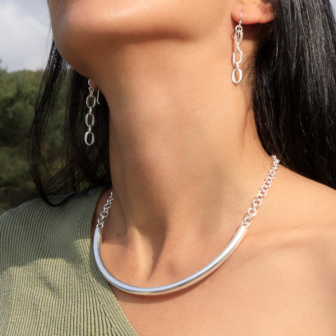 Collier en argent massif N°01 torque et chaine artisanales en argent massif - Itsara Bijoux