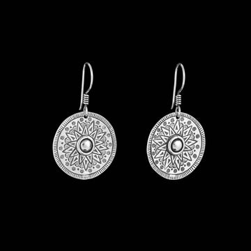 Boucles d'oreilles en argent Ethniques N°26 en forme de disque solaire entièrement fait à la main pour femme - Itsara bijoux